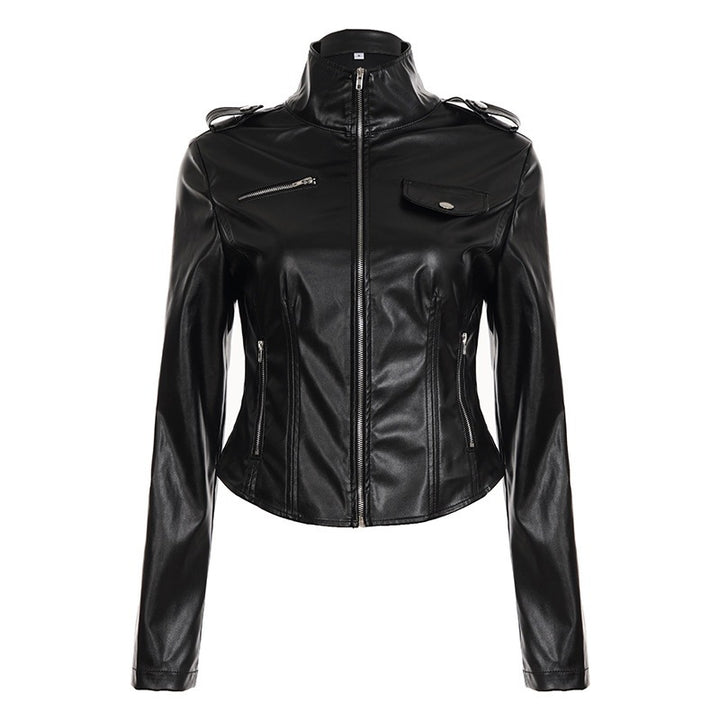 Damen Taillierte Kunstlederjacke mit Stehkragen, Schulterklappen und Reißverschlusstaschen Drune