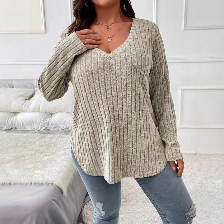 Damen Langarm V-Ausschnitt Shirt mit feiner Rippstruktur Drune