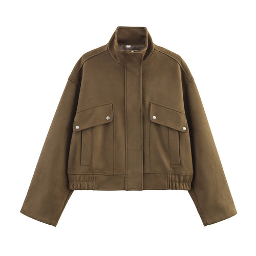 Damen nan kurzes Blouson mit Stehkragen, aufgesetzten Klappentaschen und elastischem Saum Drune