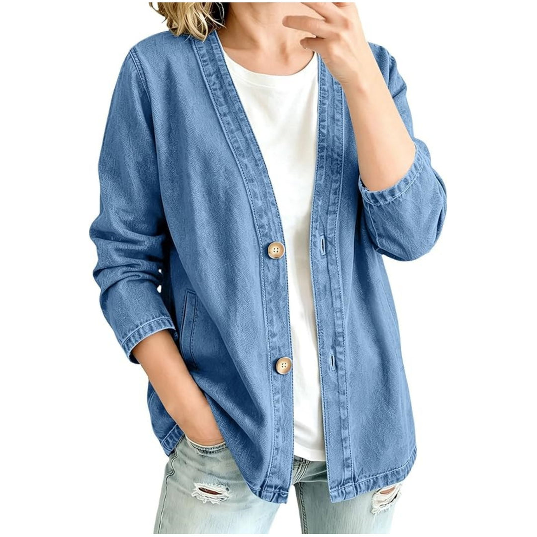 Damen lässige Oversize-Denimjacke mit Knopfleiste und Kimono-Schnitt Drune