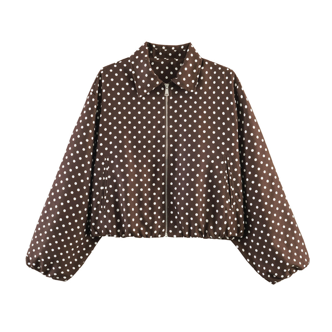 Damen Kurzjacke im Harrington‑Stil mit Polka‑Dot‑Muster, Ballonärmeln und elastischem Saum Drune