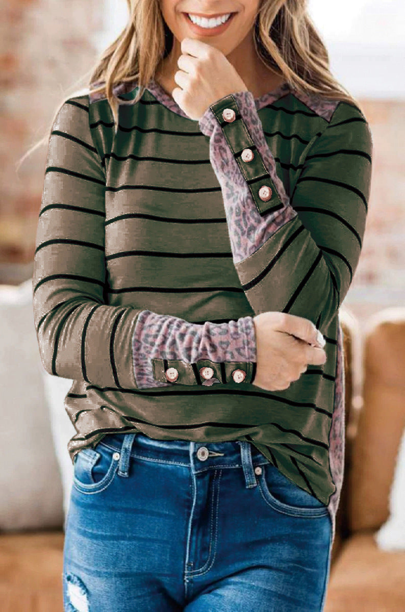 Damen Lässiges Streifen‑Langarmshirt mit Knopfmanschetten und Leo‑Kontrast Drune