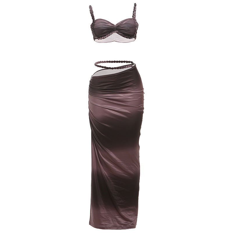 Damen Set mit crop Top und langem Rüschenrock Drune