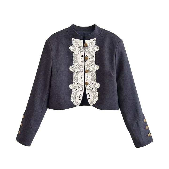 Damen Cropped‑Blazer im Bolero‑Stil mit Spitzenbordüre und Zierknöpfen Drune