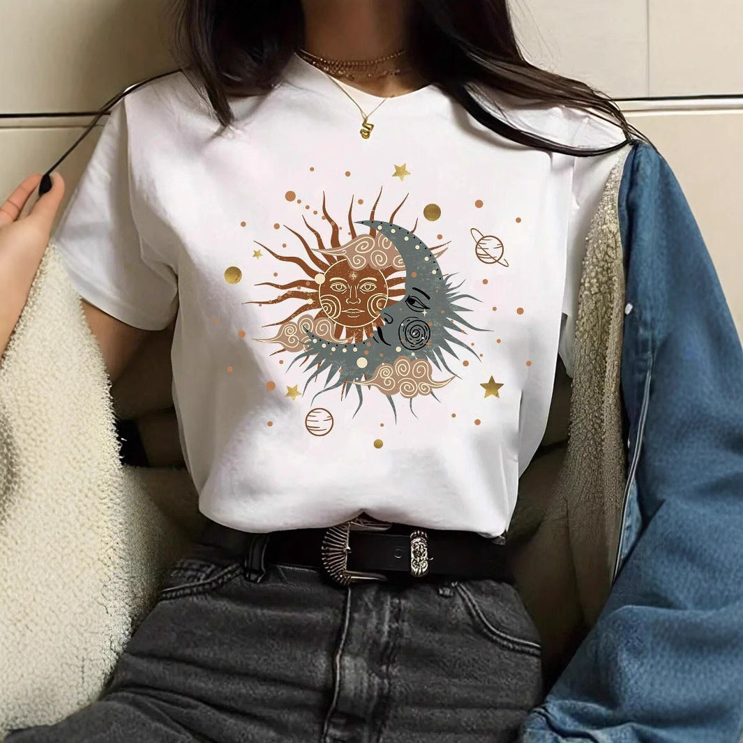 Damen T-Shirt mit kreativem Grafikdruck und luxuriösen Paillettenakzenten Drune
