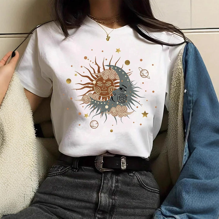 Damen T-Shirt mit kreativem Grafikdruck und luxuriösen Paillettenakzenten Drune