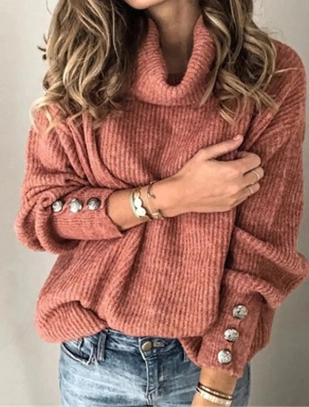 Damen Oversize-Rollkragenpullover mit Strukturstrick und Zierknöpfen Drune