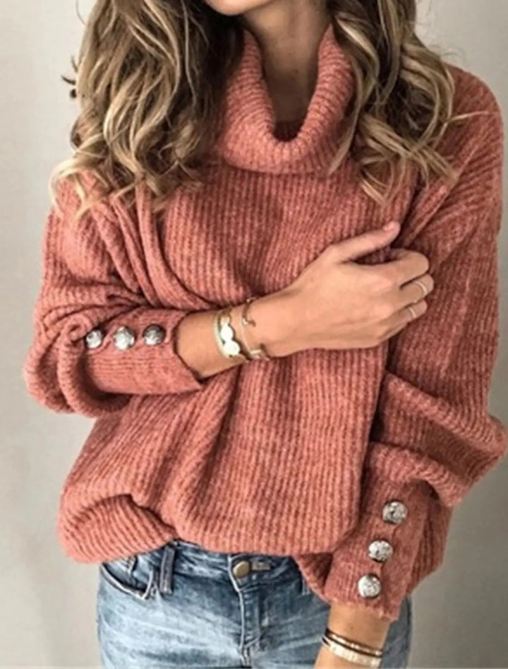 Damen Oversize-Rollkragenpullover mit Strukturstrick und Zierknöpfen Drune