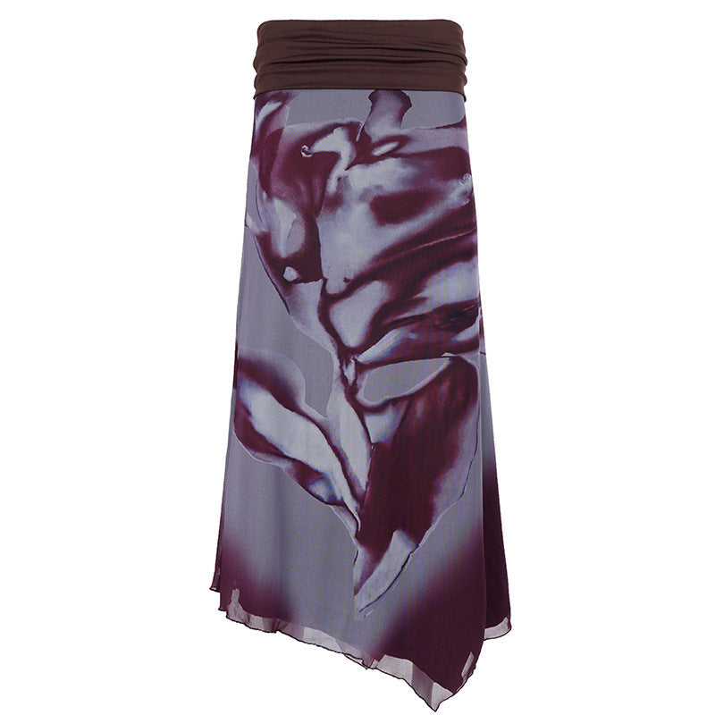 Damen Asymmetrischer Lagen-Chiffon-Maxirock mit Umschlagbund und Aquarellprint Drune