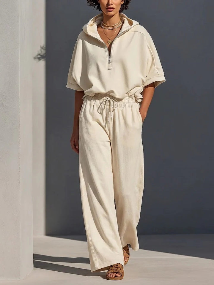Damen Lässiges Lounge-Set mit Kapuzenpullover mit halbem Reißverschluss und weiter Palazzohose Drune
