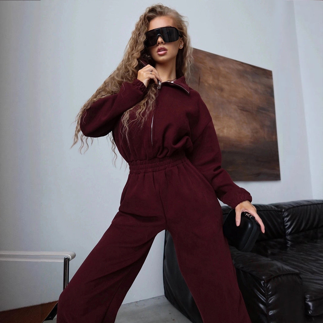 Damen sportliches Loungewear-Set mit modernem Stehkragen und weit geschnittenen Hosen Drune