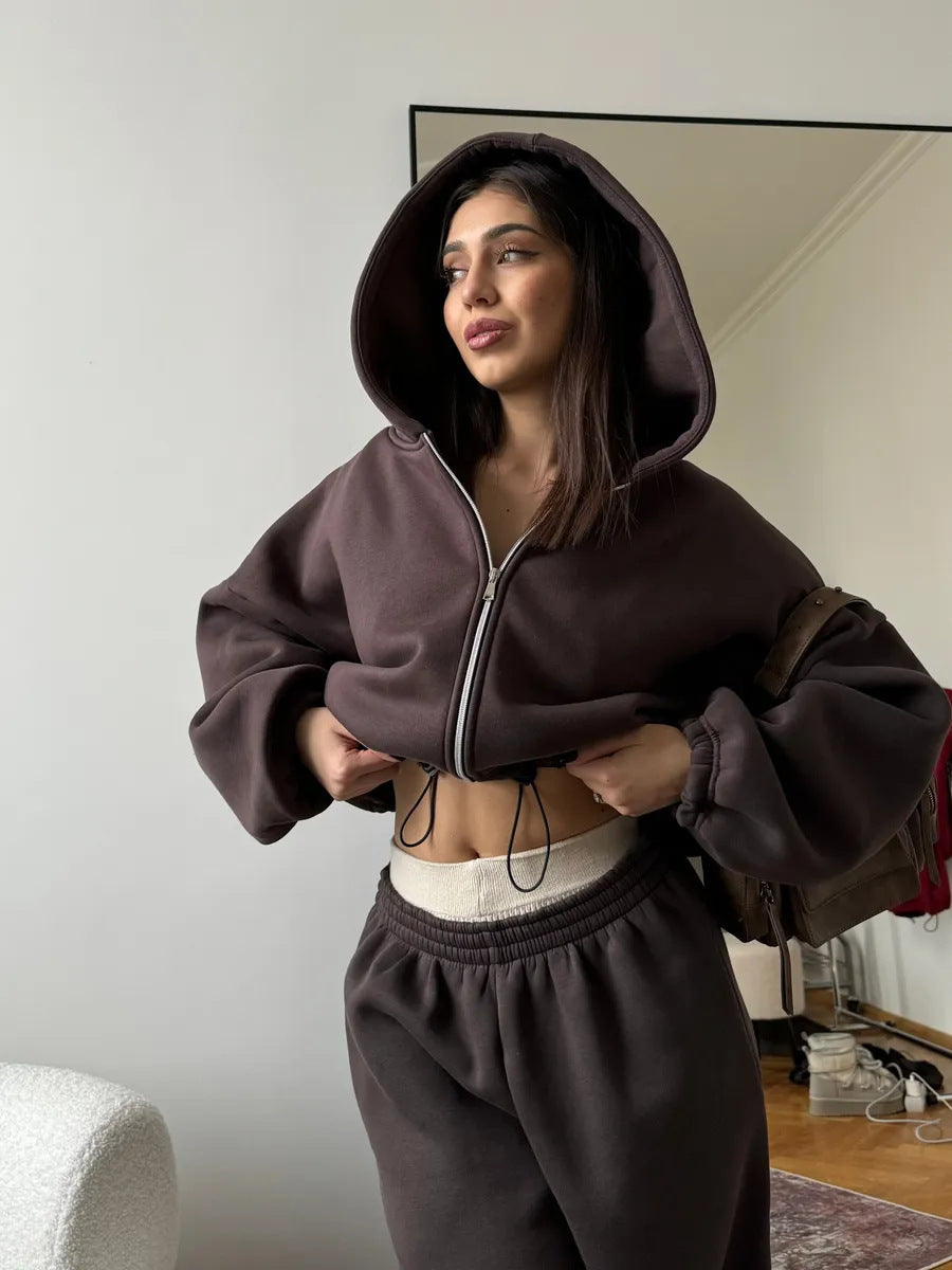 Damen kurzes Kapuzenzipper-Lounge-Set mit oversized Ärmeln und weitem Jogginghose-Schnitt Drune