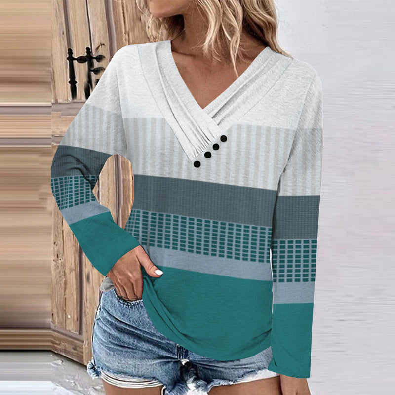 Damen Gerippter V-Ausschnitt Pullover mit Farbverlauf, Zierknöpfen und legerer Passform Drune