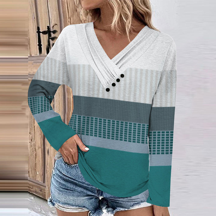 Damen Gerippter V-Ausschnitt Pullover mit Farbverlauf, Zierknöpfen und legerer Passform Drune