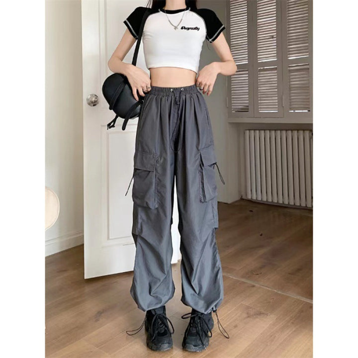 Damen nan Cargo-Hose mit hoher Taille, Elastikbund, großen Klappentaschen und Kordelzug Drune