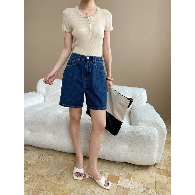 Damen kurzarm Henley-Oberteil mit feiner Rippstruktur Drune