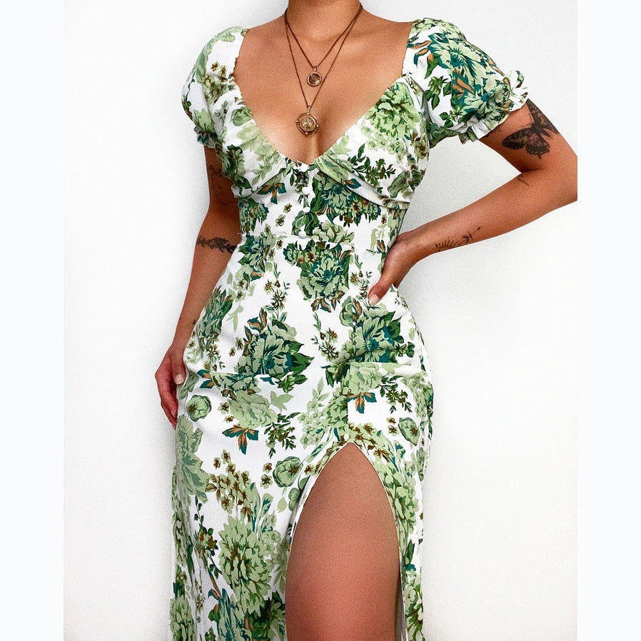 Damen Blütenmuster Maxikleid mit tiefem Ausschnitt und tailliertem Schnitt Drune