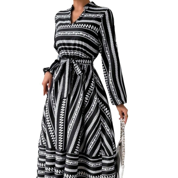 Damen Maxikleid mit modernem geometrischem Muster und schönem Taillengürtel Drune