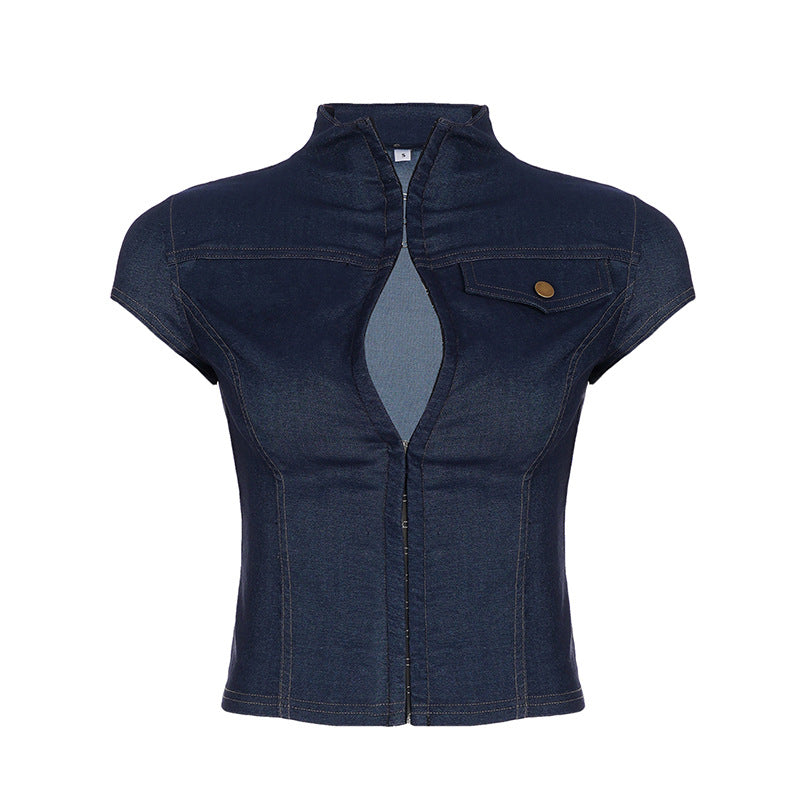 Damen modisches Kurzarm-Jeanshemd mit elegantem Kragen und Knopfdetails Drune