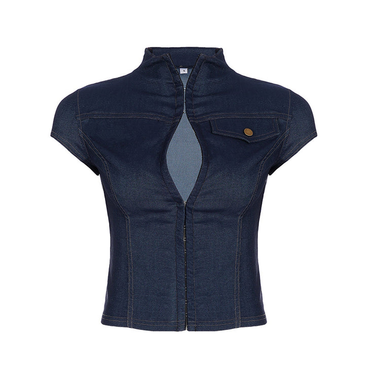 Damen modisches Kurzarm-Jeanshemd mit elegantem Kragen und Knopfdetails Drune