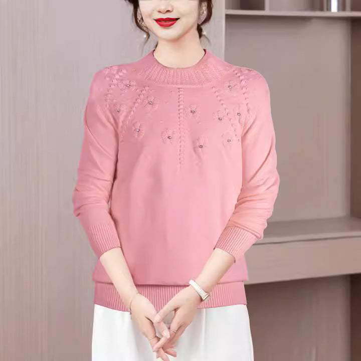 Damen Eleganter Strickpullover mit floralem Muster und Rundhalsausschnitt Drune