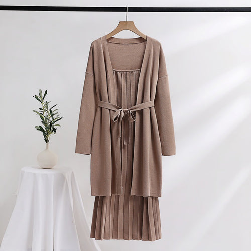 Damen elegantes und lässiges Strickkleid mit passender Strickjacke Drune