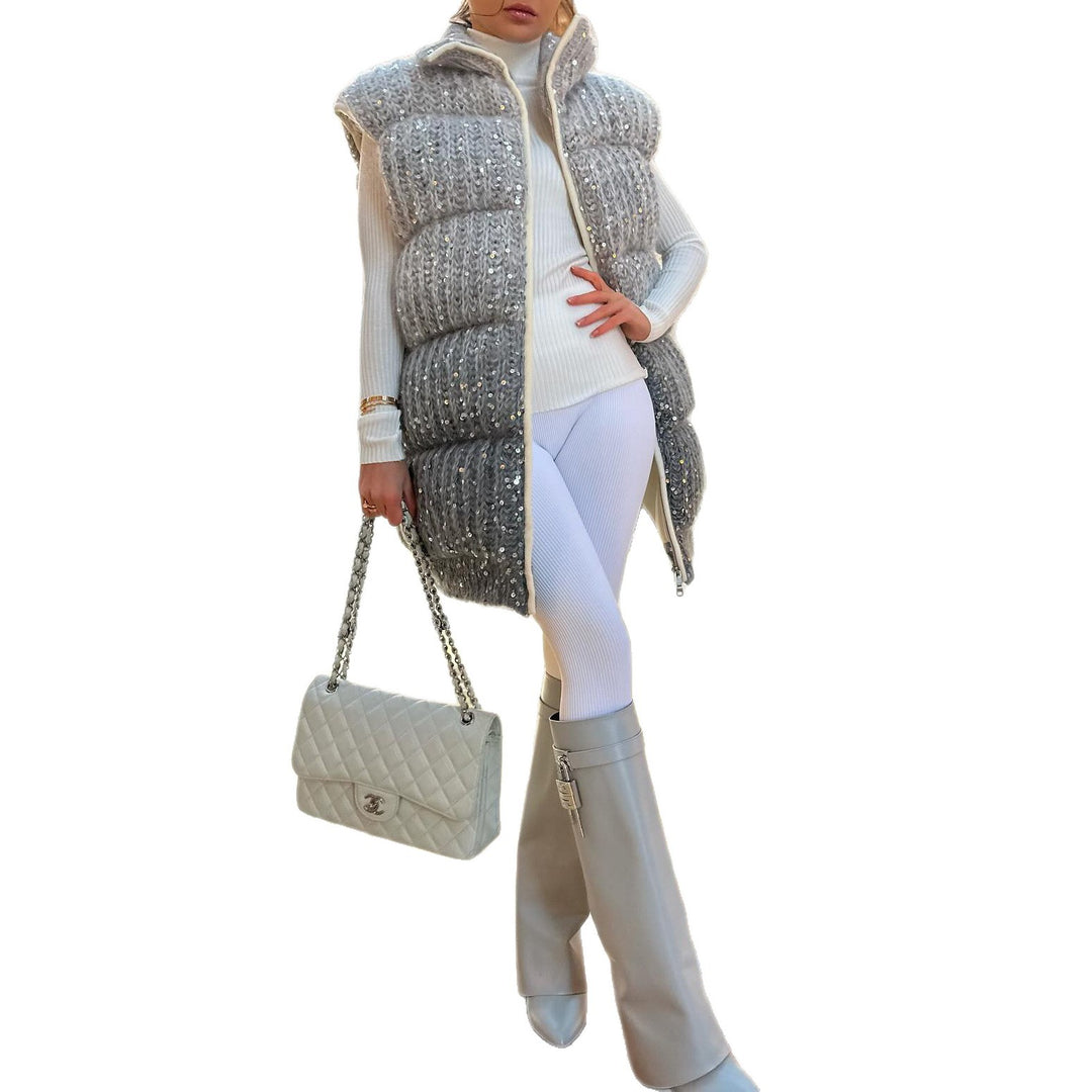 Damen Steppweste mit eleganten Pailletten-Details und hohem Kragen Drune