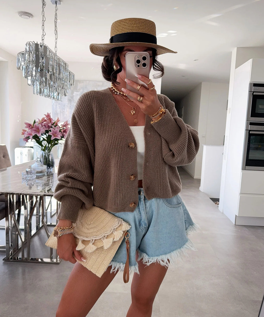 Damen kuschelige Strickjacke mit großen Knöpfen und lockeren Ärmeln Drune