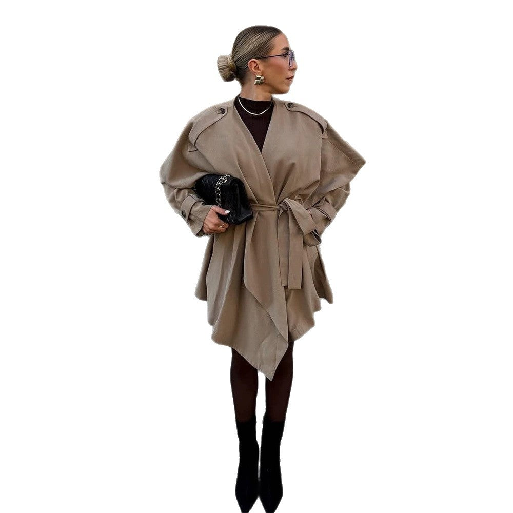 Damen Kurzer Asymmetrischer Wickelmantel mit Volant-Overlay und Bindegürtel Drune