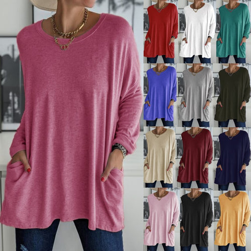 Damen nan oversized Longsleeve-Tunika mit Rundhalsausschnitt, überschnittener Schulter und aufgesetzten Taschen Drune