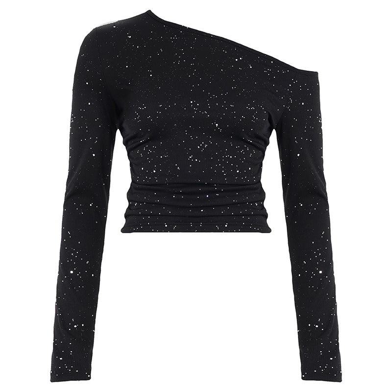 Damen Ein-Schulter Cropped-Top mit Rippstruktur und Glitzerbesatz Drune