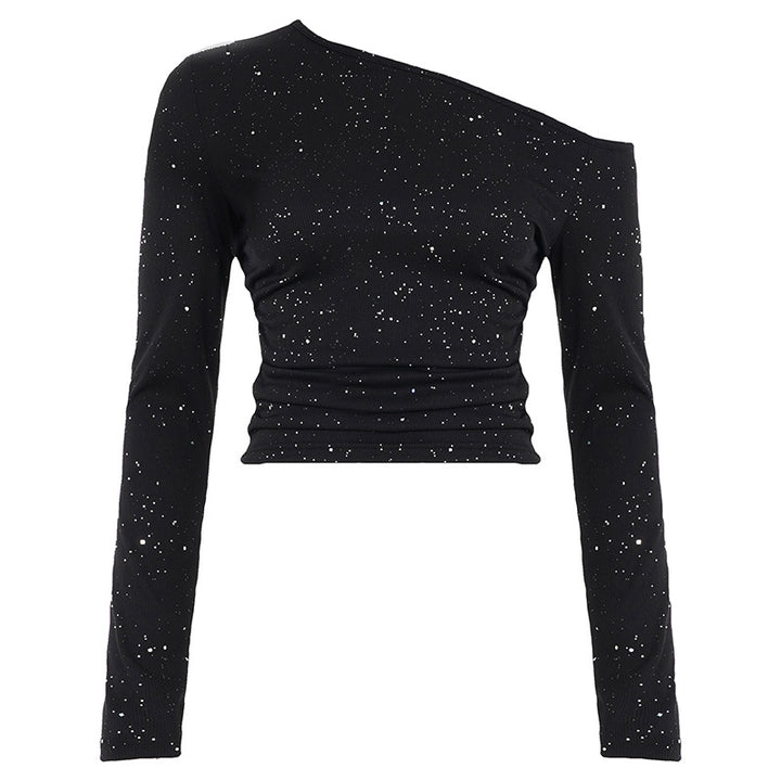 Damen Ein-Schulter Cropped-Top mit Rippstruktur und Glitzerbesatz Drune