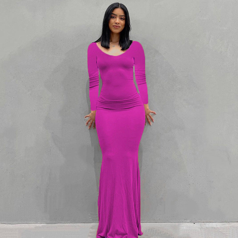 Damen Körperbetontes Maxi‑Jerseykleid mit taillierter Drapierung, langen Ärmeln und ausgestelltem Saum Drune
