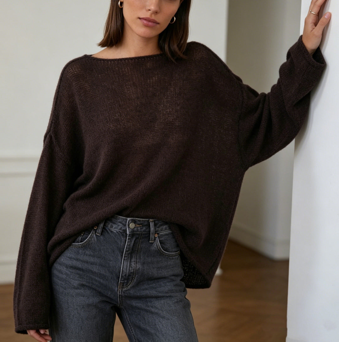 Damen luftiger Oversize-Feinstrickpullover mit weitem Arm und Rundhalsausschnitt Drune