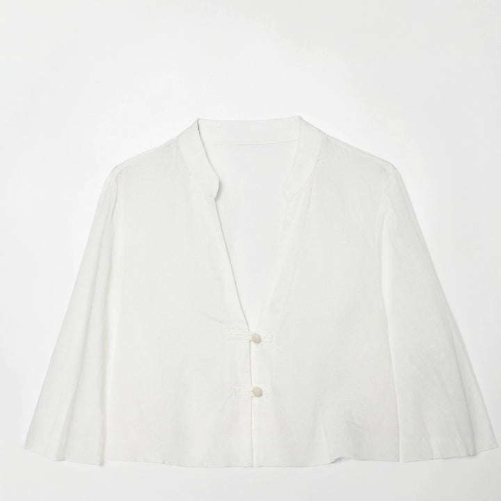 Damen Cropped-Bluse im Tai-Chi-Stil mit Stehkragen, Knotenverschlüssen und Ballonärmeln Drune