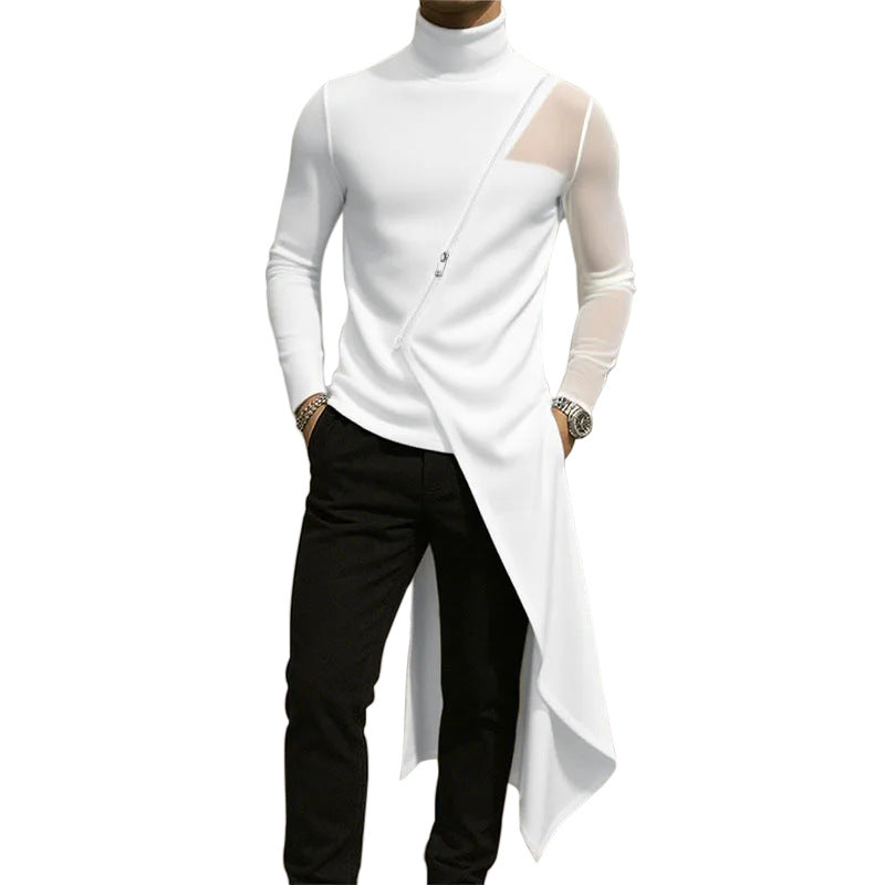 Damen nan avantgardistisches Longshirt mit schrägem Reißverschluss, Stehkragen und unregelmäßigem Zipfelsaum Drune