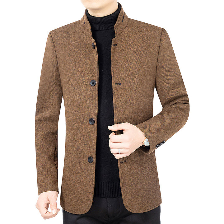 Herren Moderner taillierter Mantel mit Stehkragen und Knopfleiste aus Wollmix Drune