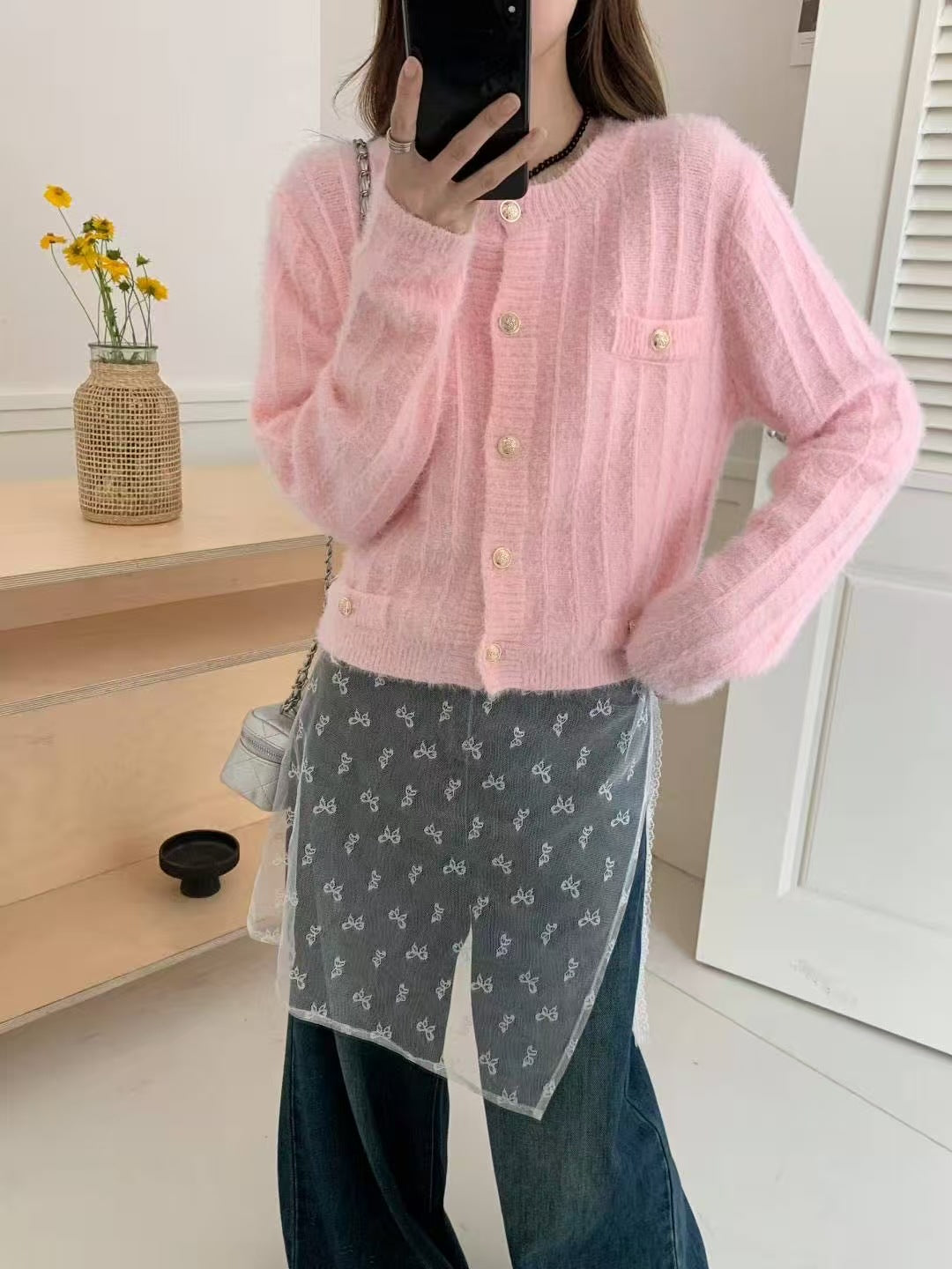 Damen Flauschiger Cardigan mit perligen Knöpfen Drune