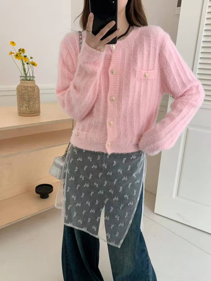 Damen Flauschiger Cardigan mit perligen Knöpfen Drune