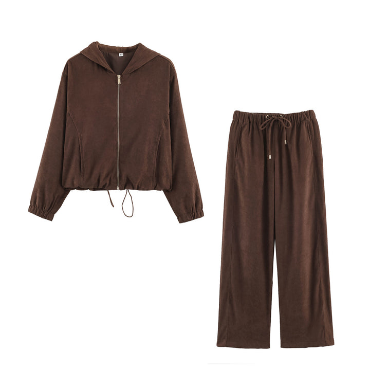 Damen Jersey‑Zweiteiler mit kurzer Kapuzenjacke, Kordelzug und gerader Komforthose Drune