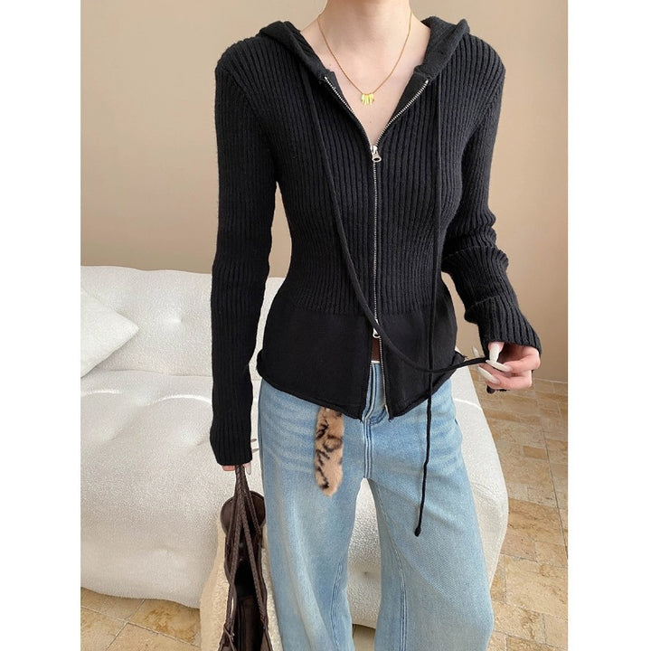 Damen lässige Strickjacke mit Kapuze und Reißverschluss Drune
