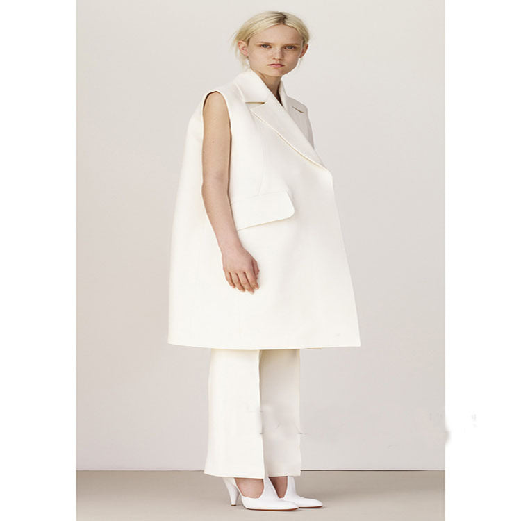 Damen Ärmellose A-Linien Longweste im Oversized Tailoring mit Schalkragen Drune