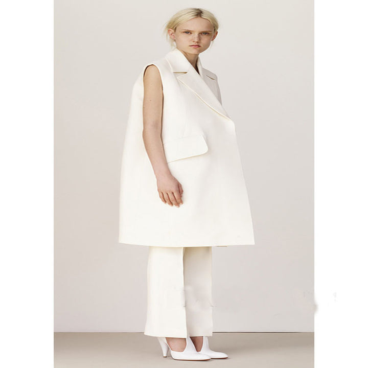 Damen Ärmellose A-Linien Longweste im Oversized Tailoring mit Schalkragen Drune
