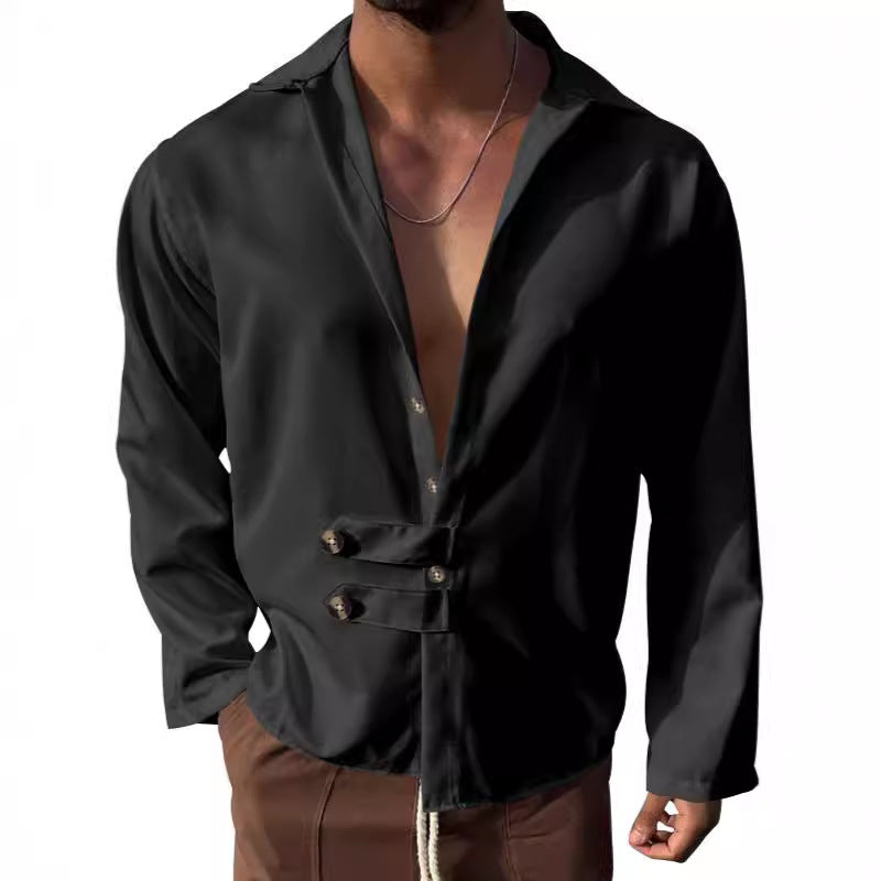 Herren Elegante Langarmbluse mit einzigartiger Knopfleiste und schickem Stehkragen Drune