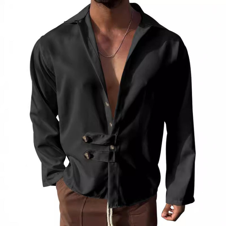 Herren Elegante Langarmbluse mit einzigartiger Knopfleiste und schickem Stehkragen Drune