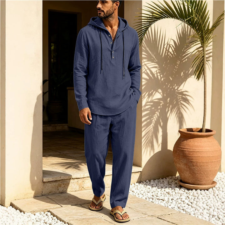Herren Lässiges Leinen-Look Freizeit-Set mit Kapuzenhemd und weiten Hosen Drune