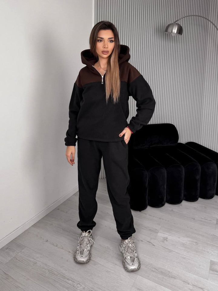 Damen Zweiteiliges Farbblock-Loungewear-Set mit halbem Reißverschluss und schmaler Jogginghose Drune