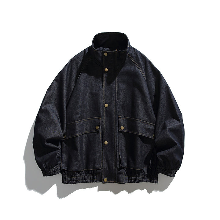 Unisex Boxy-Jeansjacke im Oversize-Schnitt mit Stehkragen und aufgesetzten Pattentaschen Drune