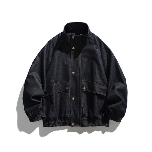 Unisex Boxy-Jeansjacke im Oversize-Schnitt mit Stehkragen und aufgesetzten Pattentaschen Drune
