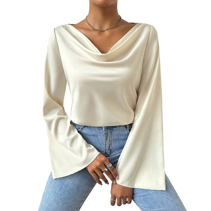 Damen Bluse mit Wasserfallkragen, weiten Trompetenärmeln und fließender Satinoptik Drune